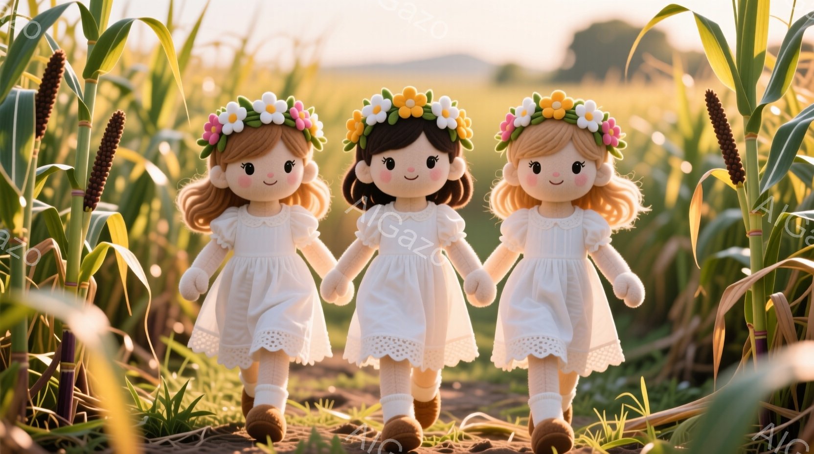 麦畑の中を歩く、白いワンピースを着た女の子３人が写っています。彼女たちは花でできた冠をかぶり、同じように愛らしい表情をしています。背景には黄金色の麦畑が広がり、夕暮れ時の柔らかな光が全体を包み込み、温かく幻想的な雰囲気を醸し出しています。