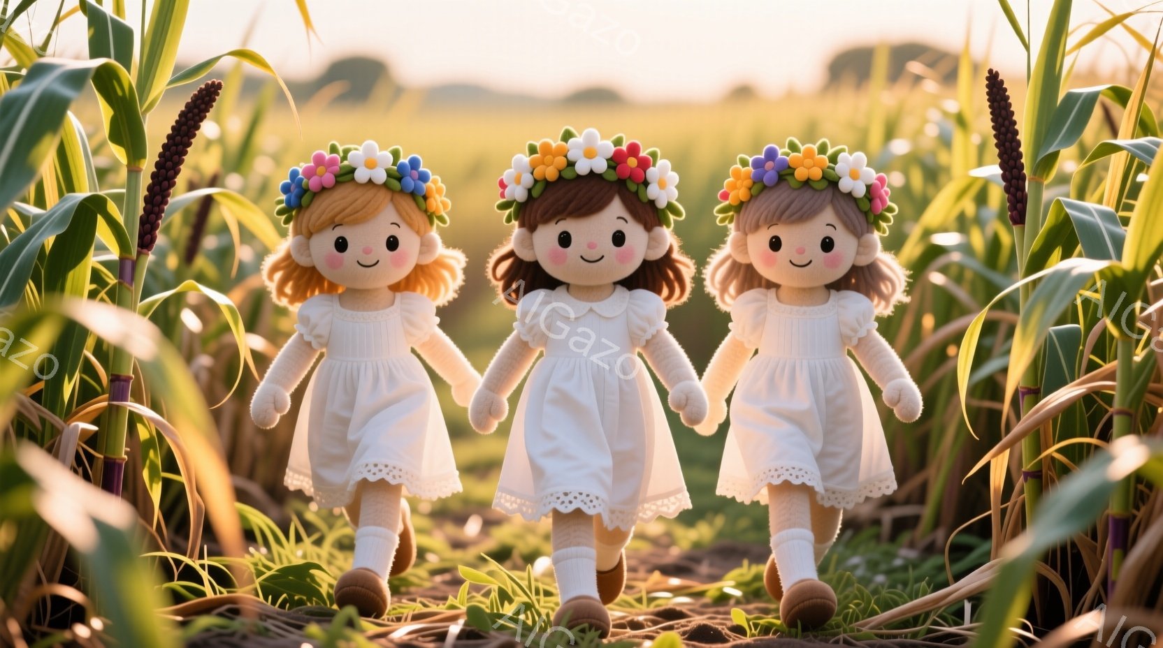 ３人の女の子が手をつないでトウモロコシ畑の中を歩いています。白いワンピースに白い靴下を履き、頭には色とりどりの花冠をつけています。背景は高く伸びたトウモロコシ畑で、夕焼けのような暖かい光が差し込み、全体的に優しい雰囲気です。