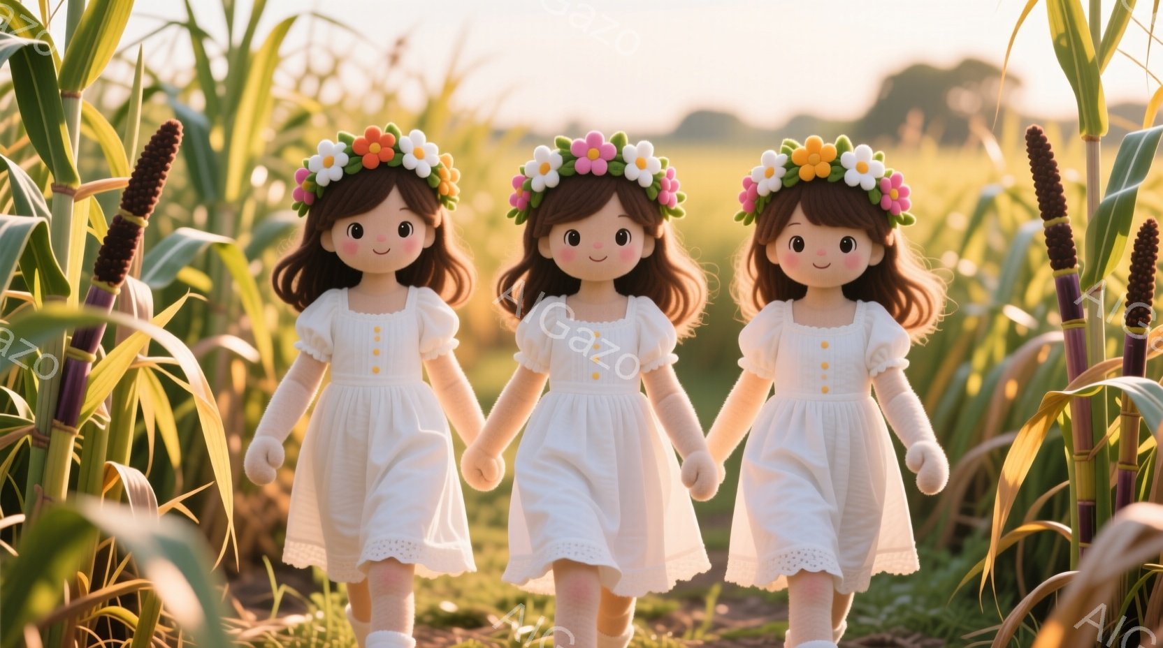 白いレースの付いたドレスを着て、頭に花冠をつけた3人の少女が並んで歩いている様子が描かれています。彼女たちは手をつないでおり、背景には高く生い茂ったトウモロコシ畑が広がっています。全体的に暖かく、牧歌的な雰囲気が漂っており、夕焼けのような柔らかな光が差し込んでいます。