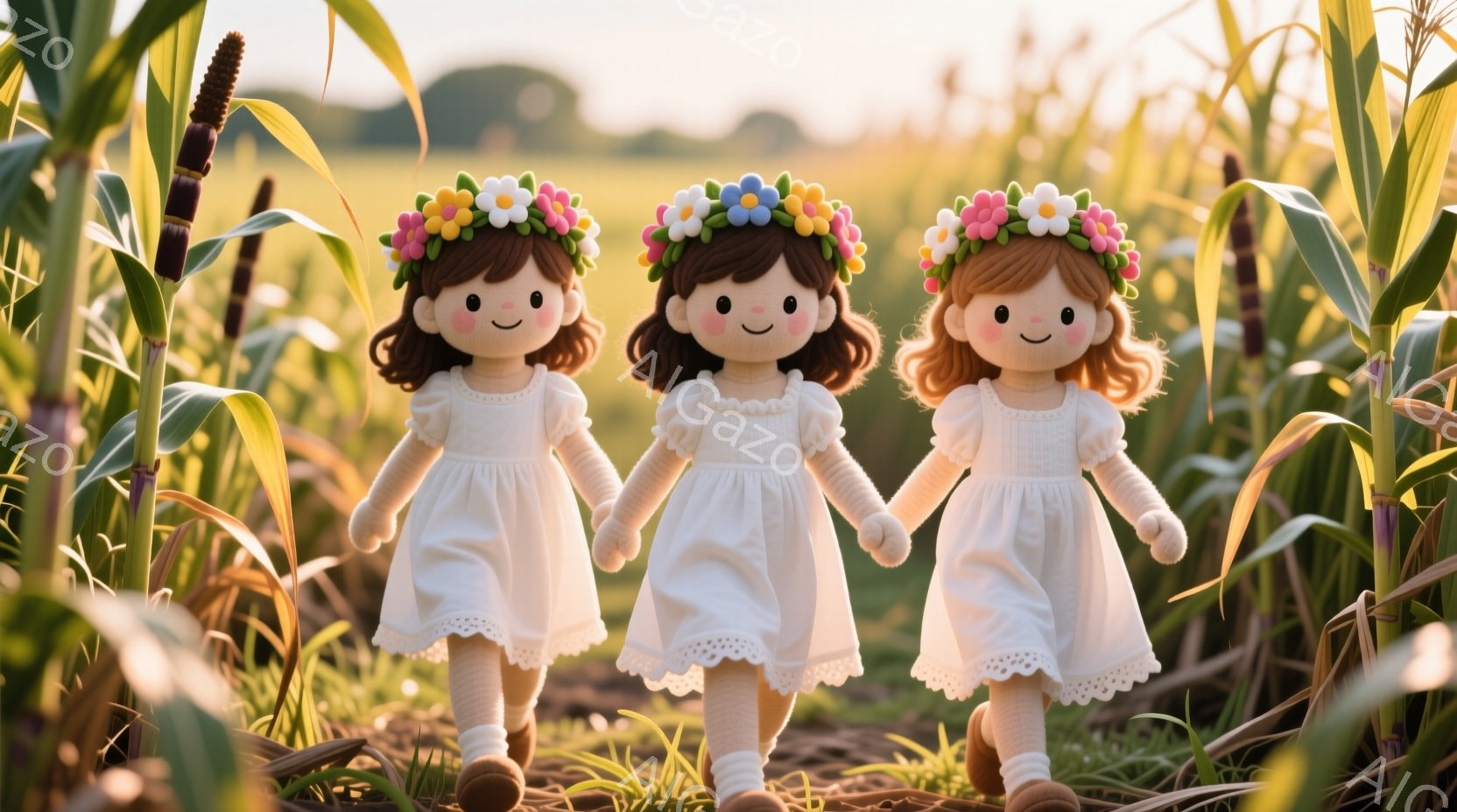 三人の少女が手をつないでトウモロコシ畑の中を歩いている。少女たちは白いドレスを着ており、頭には花でできた花冠を載せている。背景には高いトウモロコシが広がり、夕暮れ時の暖かく柔らかな光が全体を包み込んでいる。
