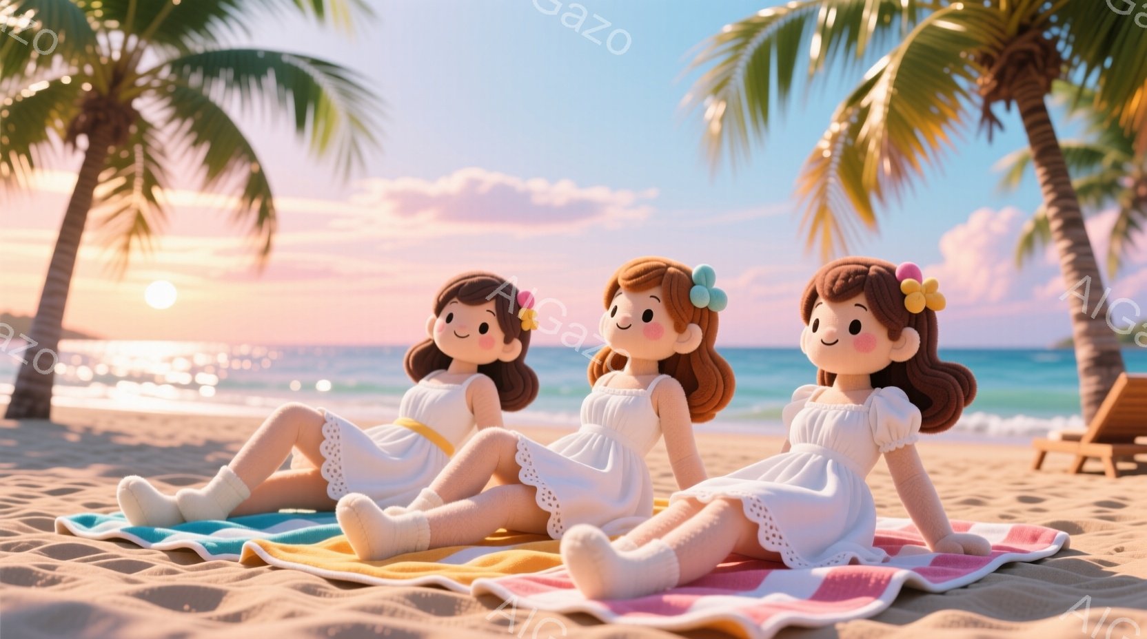 砂浜に並んで横たわる、白いワンピースを着た3人の少女たちが描かれています。彼女たちはそれぞれ髪に花飾りをつけ、穏やかな笑顔を浮かべています。背景には青い海、ヤシの木、そして夕焼け空が広がり、リラックスした穏やかな雰囲気を醸し出しています。