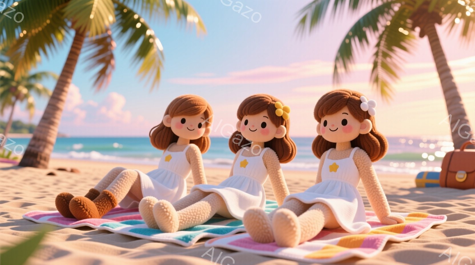 砂浜に座っている３体の可愛らしい人形が写っています。白いワンピースを着ており、髪は茶色でカールがかかり、それぞれ頭に小さな花飾りをつけています。背景にはヤシの木が生い茂り、遠くには穏やかな海が広がり、 - AI生成フリー素材