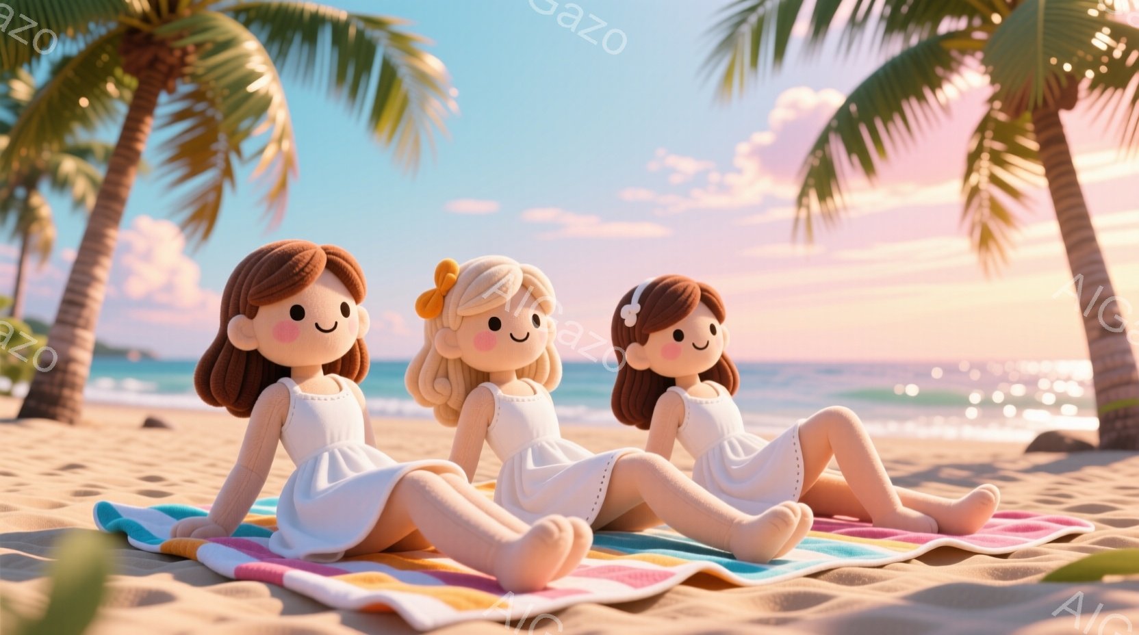 三人の女性が砂浜に並んで横たわっており、それぞれ白いワンピースを着ています。髪型は茶色、金髪、そして再び茶色の３種類で、皆穏やかな笑顔を浮かべています。背景にはヤシの木が生い茂り、穏やかな波が打ち寄せ - AI生成フリー素材