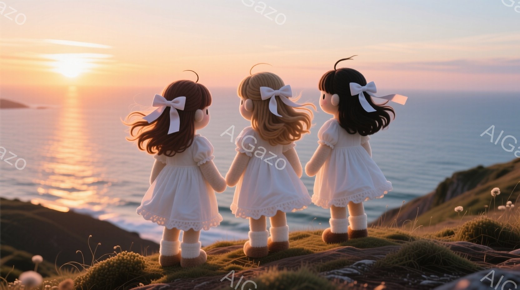 3人の少女が背中合わせに、海を見下ろす丘の上に立っている。白いレースのついたワンピースと、膝下までの白い靴下を履き、それぞれ髪をリボンで結んでいる。夕焼けの光が海面を照らし、背景の荒涼とした丘と、オレ - AI生成フリー素材
