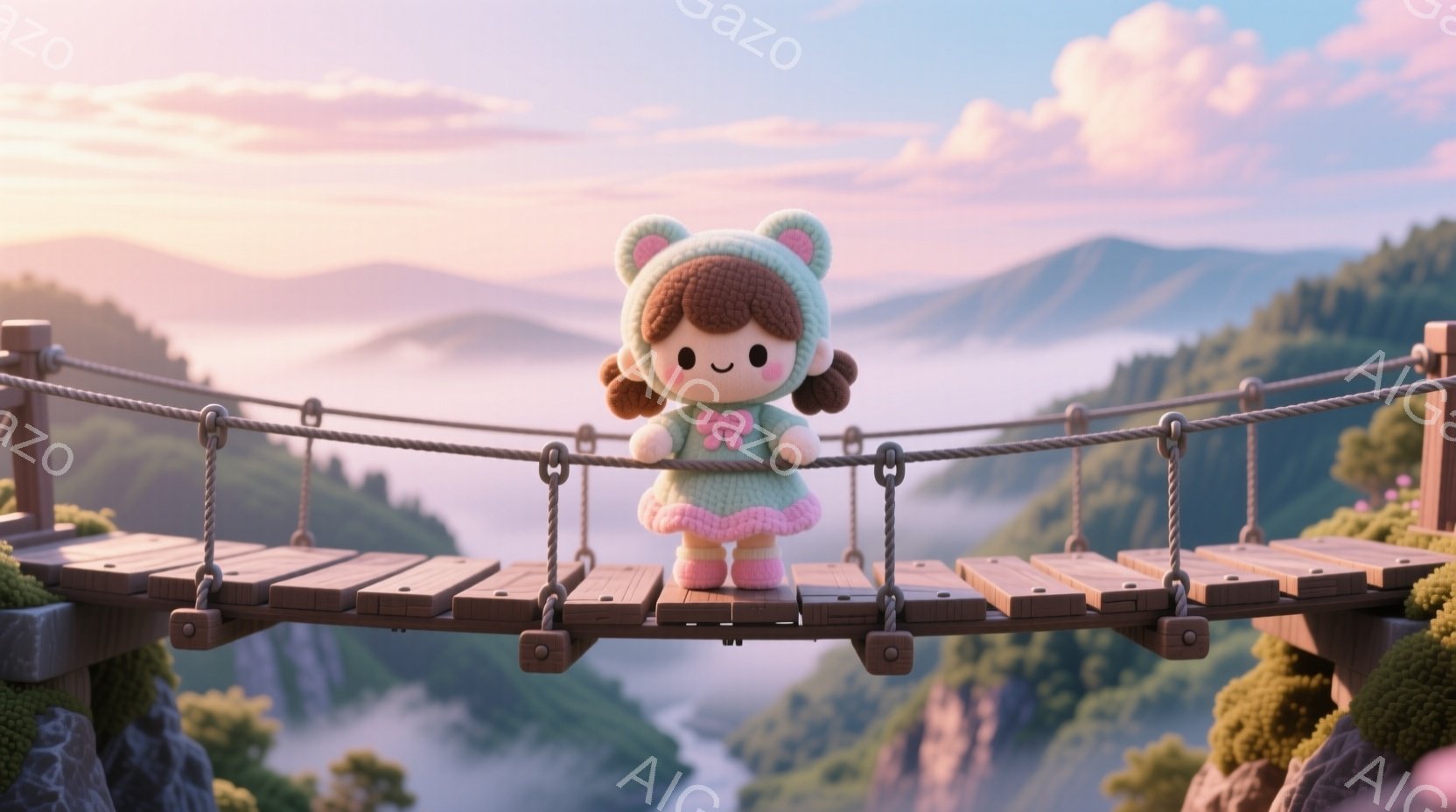 少女は、緑色のフード付きセーターとピンクのスカートを着て、揺れる吊り橋の中央に立っている。彼女は茶色の巻き毛で、丸い顔には笑顔が浮かび、可愛らしい印象を与える。背景には霧のかかった山々が連なり、夕焼け - AI生成フリー素材