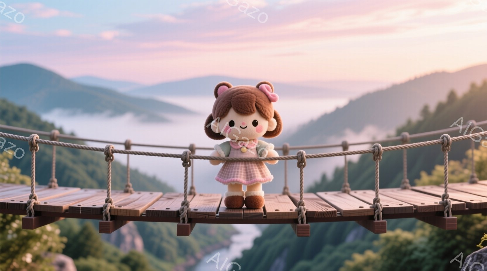明るい茶色の髪を巻き毛にした少女が、木製の吊り橋の中央に立っています。ピンクのワンピースに薄い緑色の襟がついており、つぶらな瞳と穏やかな笑顔が印象的です。背景には霧に包まれた山々が連なり、夕焼けのよう - AI生成フリー素材