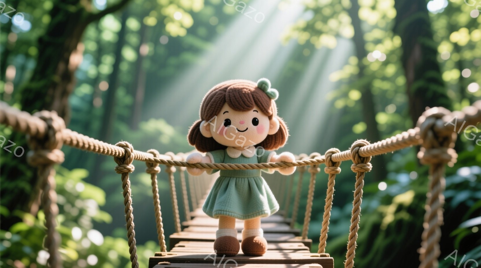 明るい緑色のワンピースを着た、可愛らしい女の子の人形が、木の橋の上を立っている。人形は茶色の髪を短くまとめ、頬はほんのりと赤く、優しい笑顔を浮かべている。背景は緑豊かな森林で、木々の間から差し込む光が幻想的な雰囲気を醸し出している。