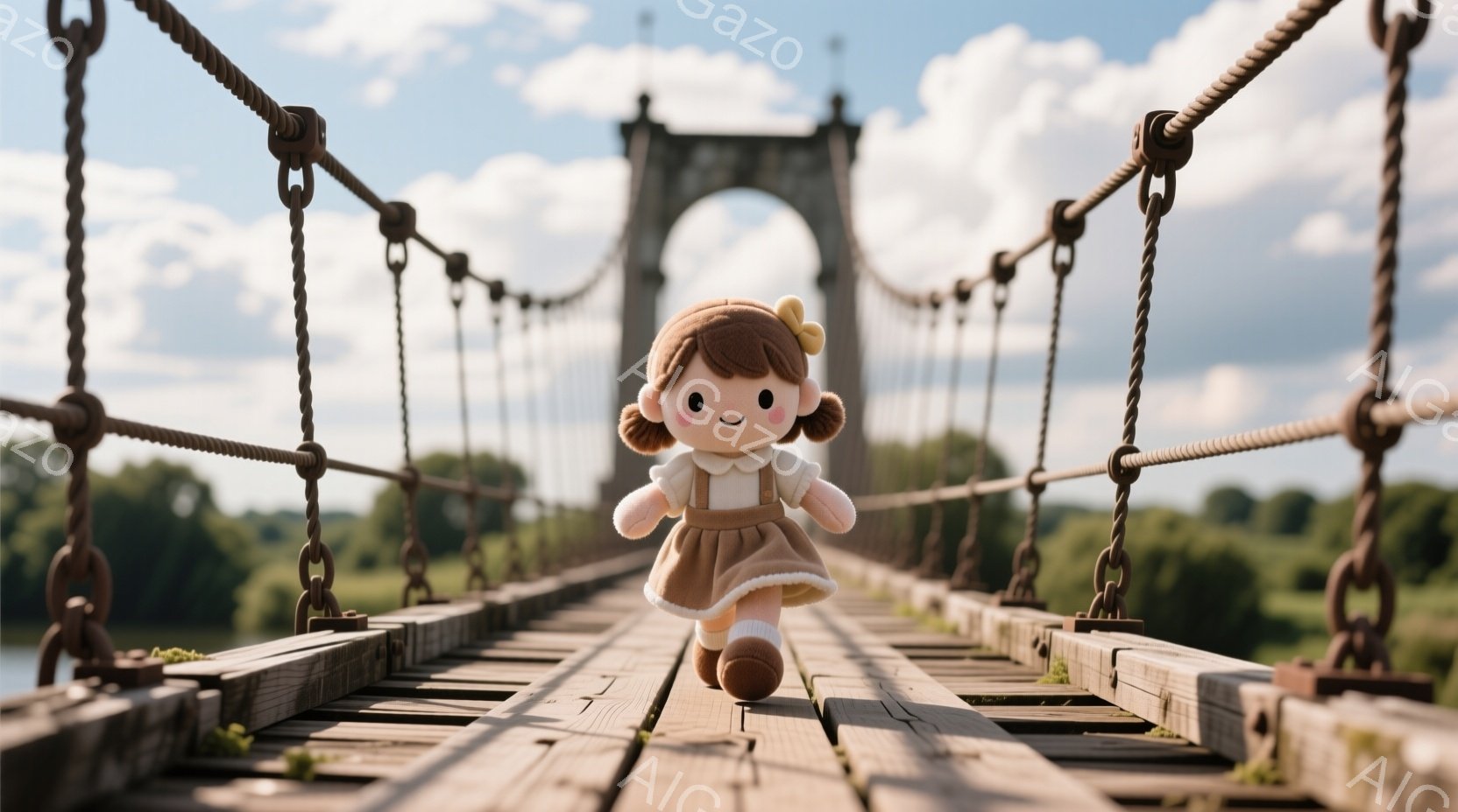見るからに愛らしい人形が、木製の吊り橋の中央を歩いています。人形はクリーム色のワンピースに茶色のベスト、そして短い茶色の髪型で、つぶらな瞳が特徴的です。背景には緑豊かな自然と水面、そして遠くに見える橋 - AI生成フリー素材