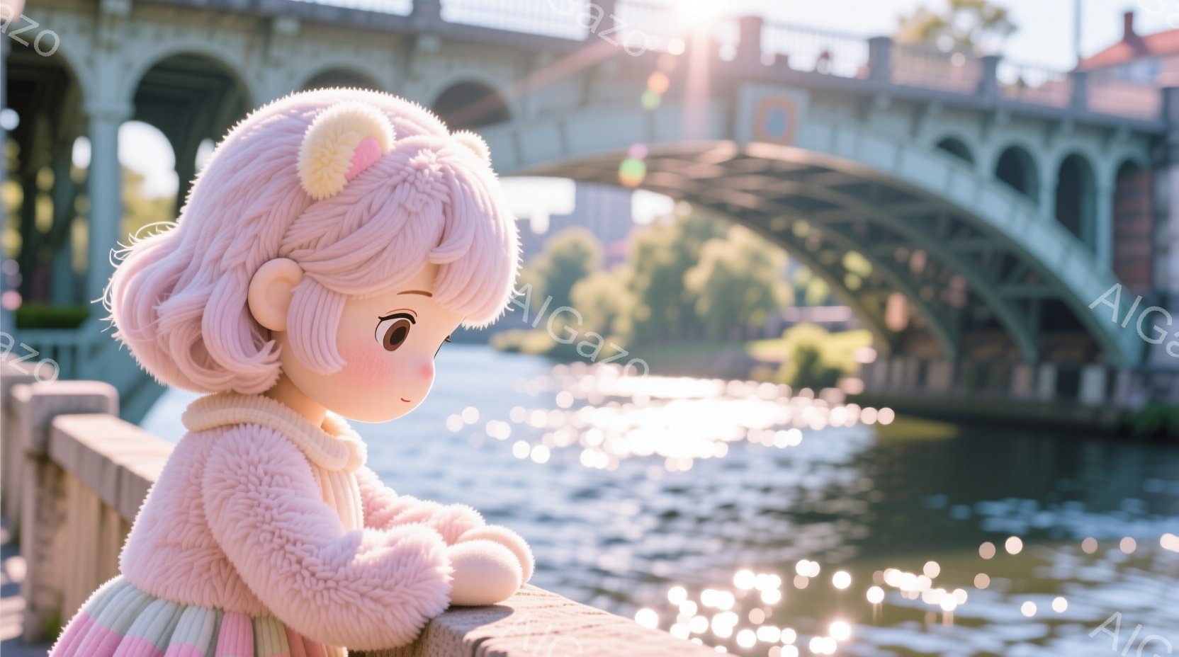 明るいピンク色のふわふわしたセーターを着た、可愛らしい少女が描かれています。髪はカールして明るいピンク色で、頭には小さな飾りが付いています。彼女は柵にもたれかかり、水面がきらめく川を物憂げに見つめており、穏やかで夢見るような雰囲気が漂っています。