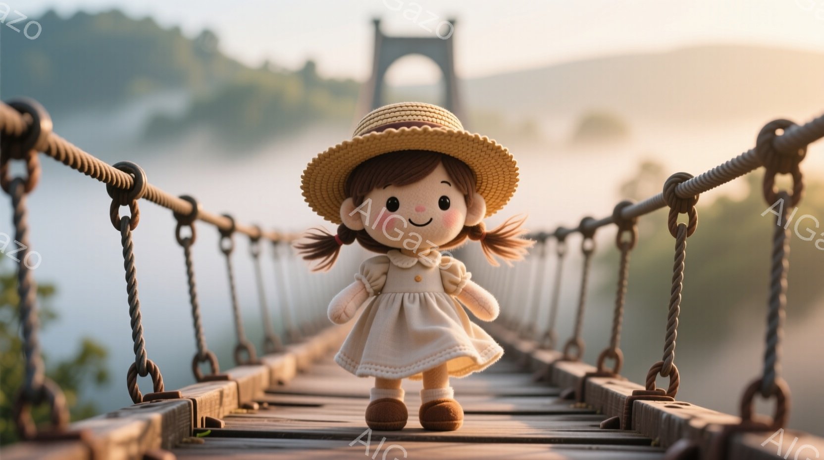 麦わら帽子をかぶった小さな人形が、吊り橋の中央で立っています。人形はクリーム色のワンピースを着ており、頬は赤く、優しい笑顔を浮かべています。背景には霧のかかった風景が広がり、遠くに橋の構造が見え、穏やかで夢幻的な雰囲気を醸し出しています。