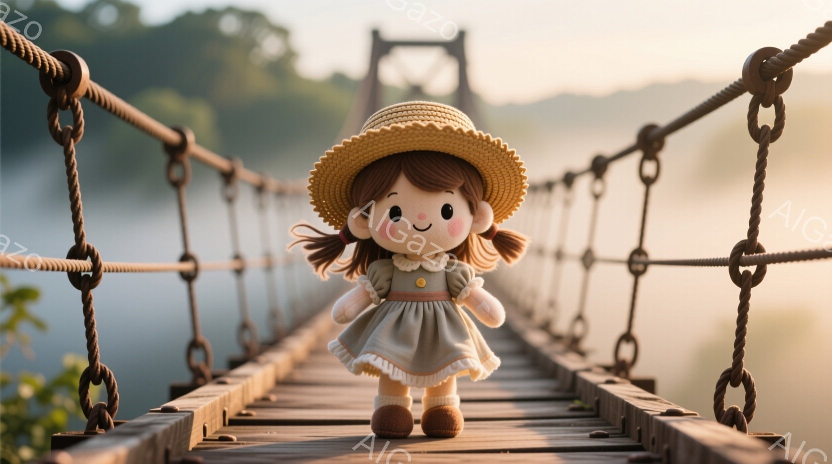 可愛らしい人形が、木製の吊り橋の中央に立っています。茶色の髪は二つに結ばれており、麦わら帽子を被っています。薄緑色のワンピースを着ており、表情は穏やかで微笑んでいます。