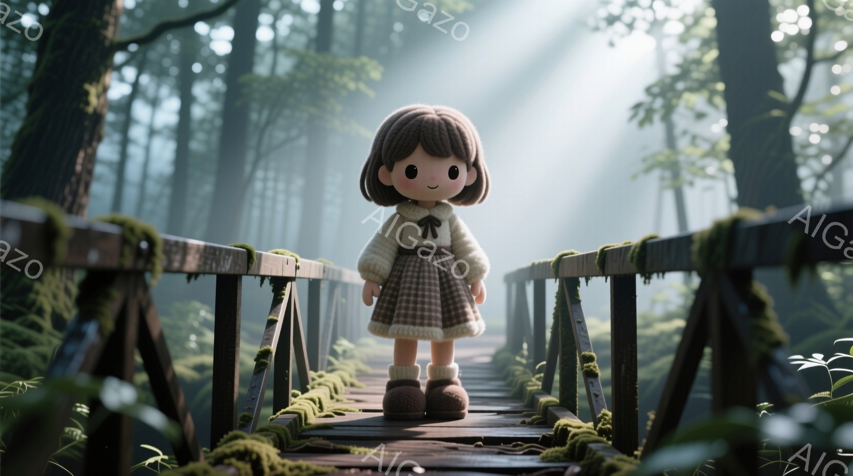 小さな女の子が、苔むした古い木製の橋の上に立っている。チェック柄のワンピースに、ベージュ色のセーターを着ており、大きな茶色の靴を履いている。背景は緑豊かな森で、太陽光が木々の間から差し込み、幻想的な雰 - AI生成フリー素材