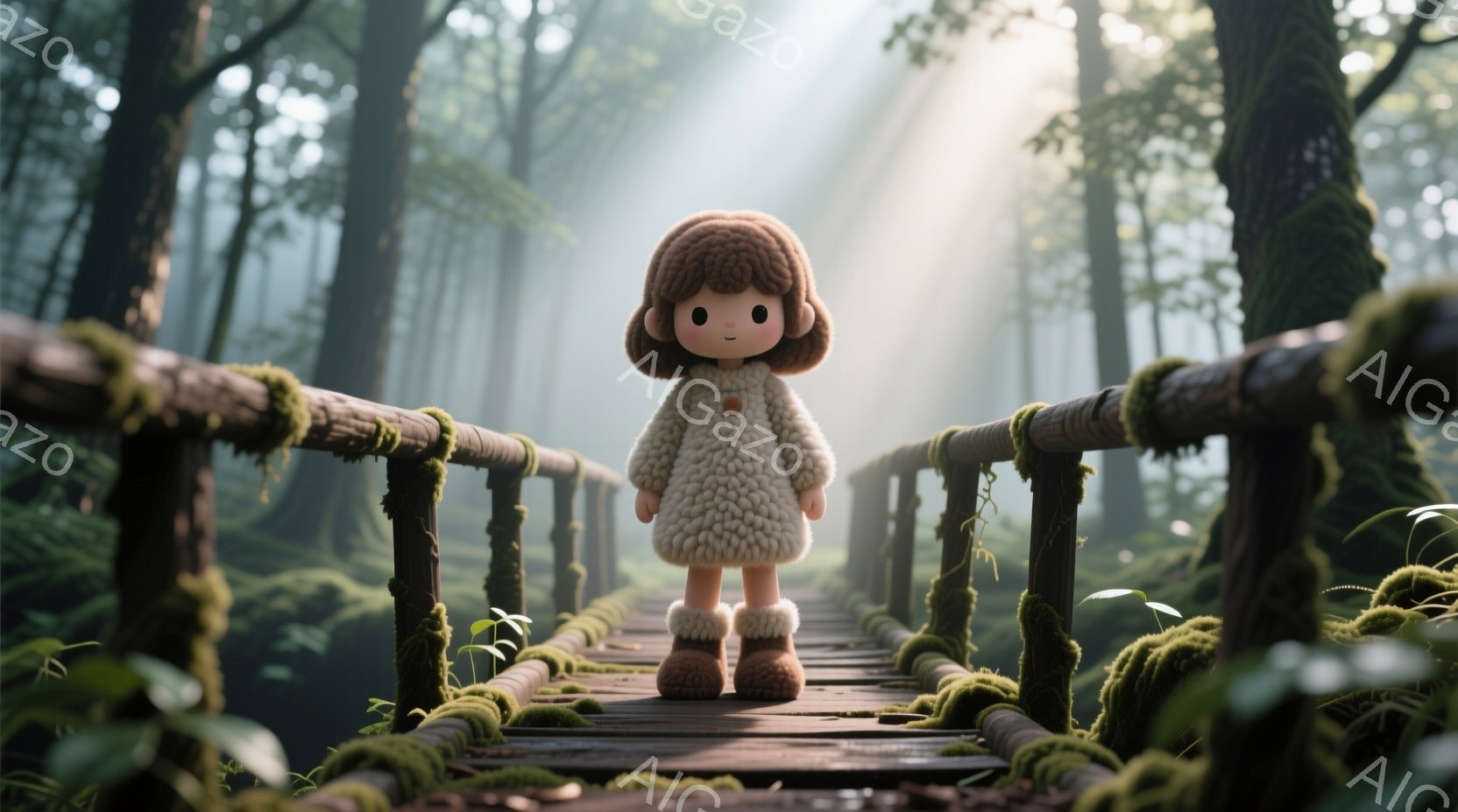 茶色いふわふわの髪をした少女が、苔むした木の橋の上に立っている。彼女はクリーム色のモコモコしたセーターとブーツを着ており、表情は穏やかで少し物憂げだ。背景は深い森で、木々から差し込む光線が幻想的な雰囲気を醸し出している。