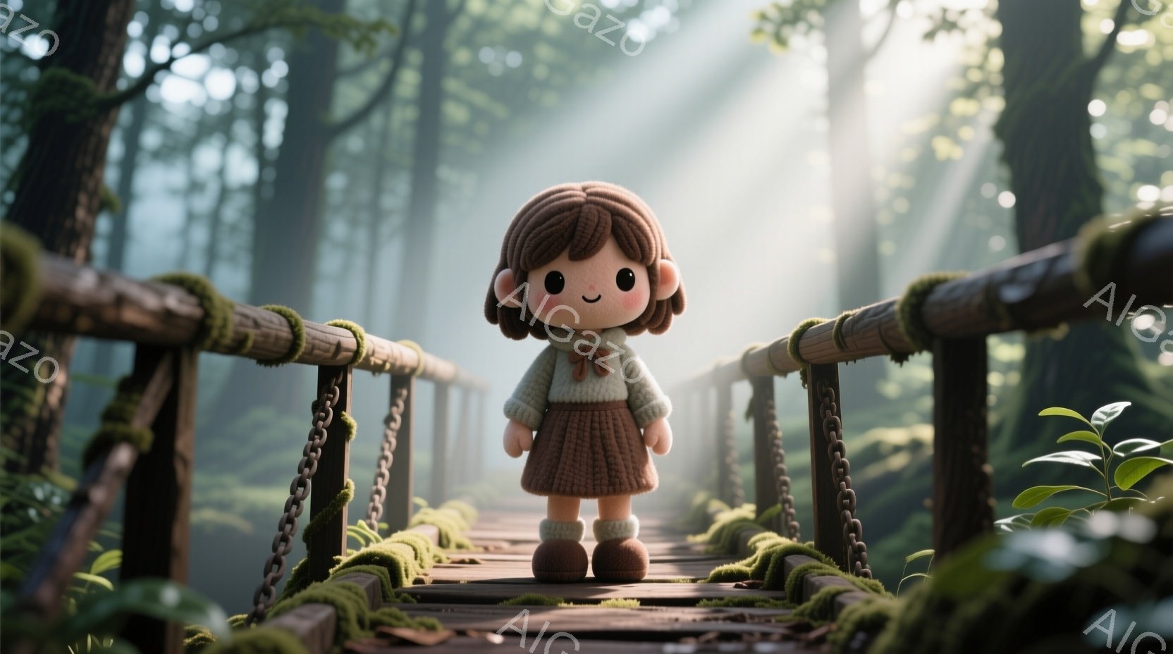 木漏れ日の差す森の中の、苔むした木製の橋の上に、可愛らしい人形が立っている。人形は茶色の巻き毛の髪型で、ベージュのセーターと茶色のスカートを身につけており、優しい微笑みを浮かべている。背景は緑豊かな森林で、太陽光が差し込み幻想的な雰囲気を醸し出している。