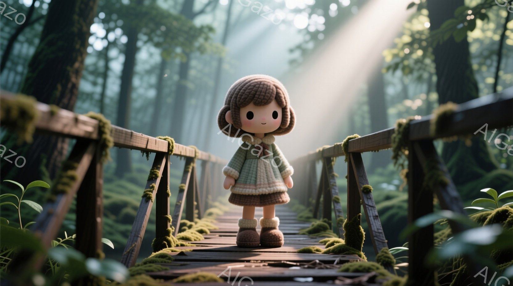 少女は、緑色のセーターと茶色のスカート、そして茶色のブーツを身に着けて、苔むした木製の橋の中央に立っている。彼女は短い茶色の巻き毛の髪をしており、顔にはっきりとした表情はないが、どこか穏やかな雰囲気がある。背景は緑豊かな森林で、光が差し込み、神秘的で静謐な雰囲気を醸し出している。