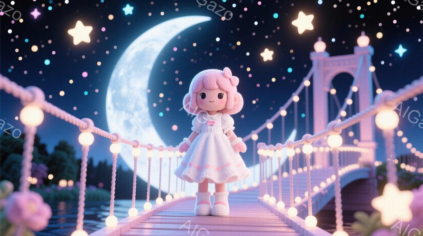 夜空の下、小さな女の子が光り輝く吊り橋の上に立っています。彼女はピンク色の巻き毛に白いワンピースを着ており、顔は可愛らしい表情をしています。背景には、暗い森、水面、そして満月と星空が広がり、幻想的な雰 - AI生成フリー素材
