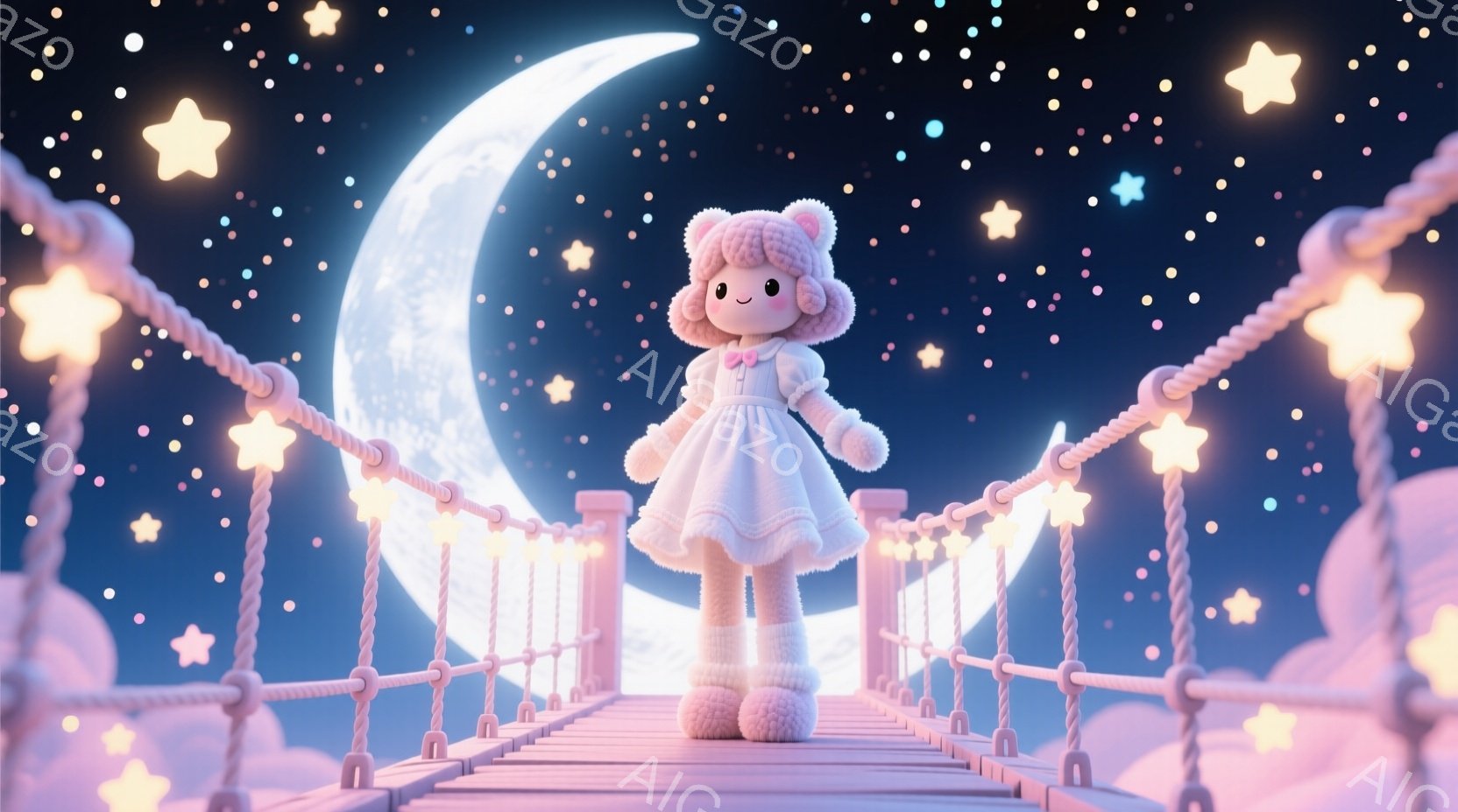 ふわふわした白い髪とリボンが可愛い女の子が、雲のようなピンク色の橋の上に立っています。彼女は白いフリルのついたワンピースとブーツを履いており、顔には穏やかな微笑みが浮かんでいます。背景には満月と無数の星が輝き、夢のような幻想的な雰囲気を醸し出しています。