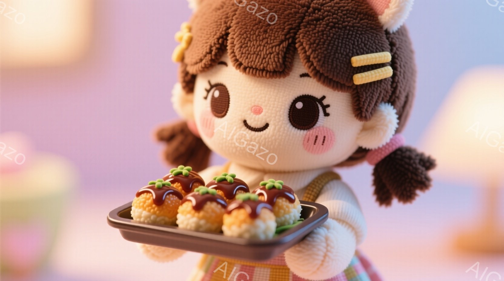 ふわふわの茶色の髪に黄色いリボンをつけた女の子のおもちゃが、チョコレートソースと小さな緑の飾りをトッピングしたお団子を載せた黒いトレーを持っています。彼女はピンクのエプロンとストライプの服を着ており、つぶらな瞳と微笑みで可愛らしい表情をしています。背景は柔らかいピンクと黄色の色合いで、暖かく甘い雰囲気を醸し出しています。