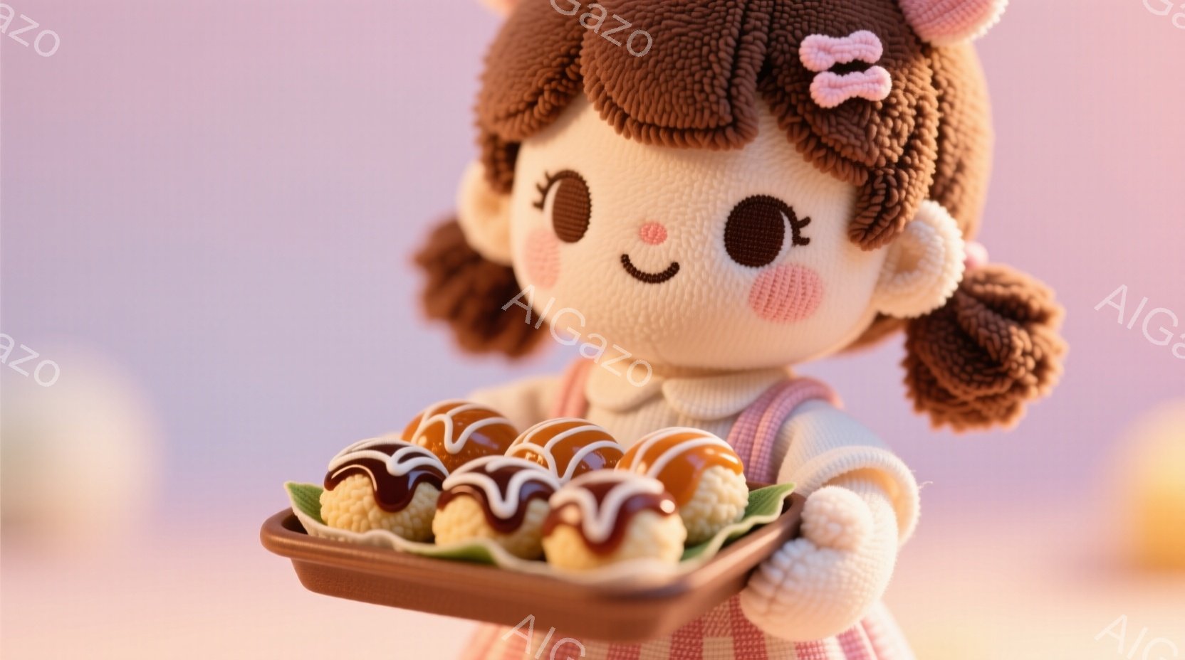 茶色の巻き毛の髪にピンクのリボンをつけた可愛らしい人形が、たくさんのたこ焼きが乗ったお皿を両手で持っています。人形は白い長袖シャツにピンクと白のギンガムチェックのエプロンを着ており、明るい笑顔でたこ焼きを見せています。背景は淡いピンクとオレンジ色がかった空で、暖かく穏やかな雰囲気です。