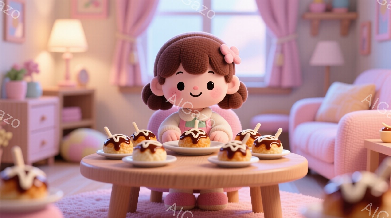 明るいピンク色の背景に、可愛らしい女の子が座っています。彼女は茶色のカールした髪にピンクのリボンをつけており、笑顔で何種類かのダックワーズを前にしています。部屋は暖色系の家具で飾られ、穏やかで優しい雰囲気が漂っています。