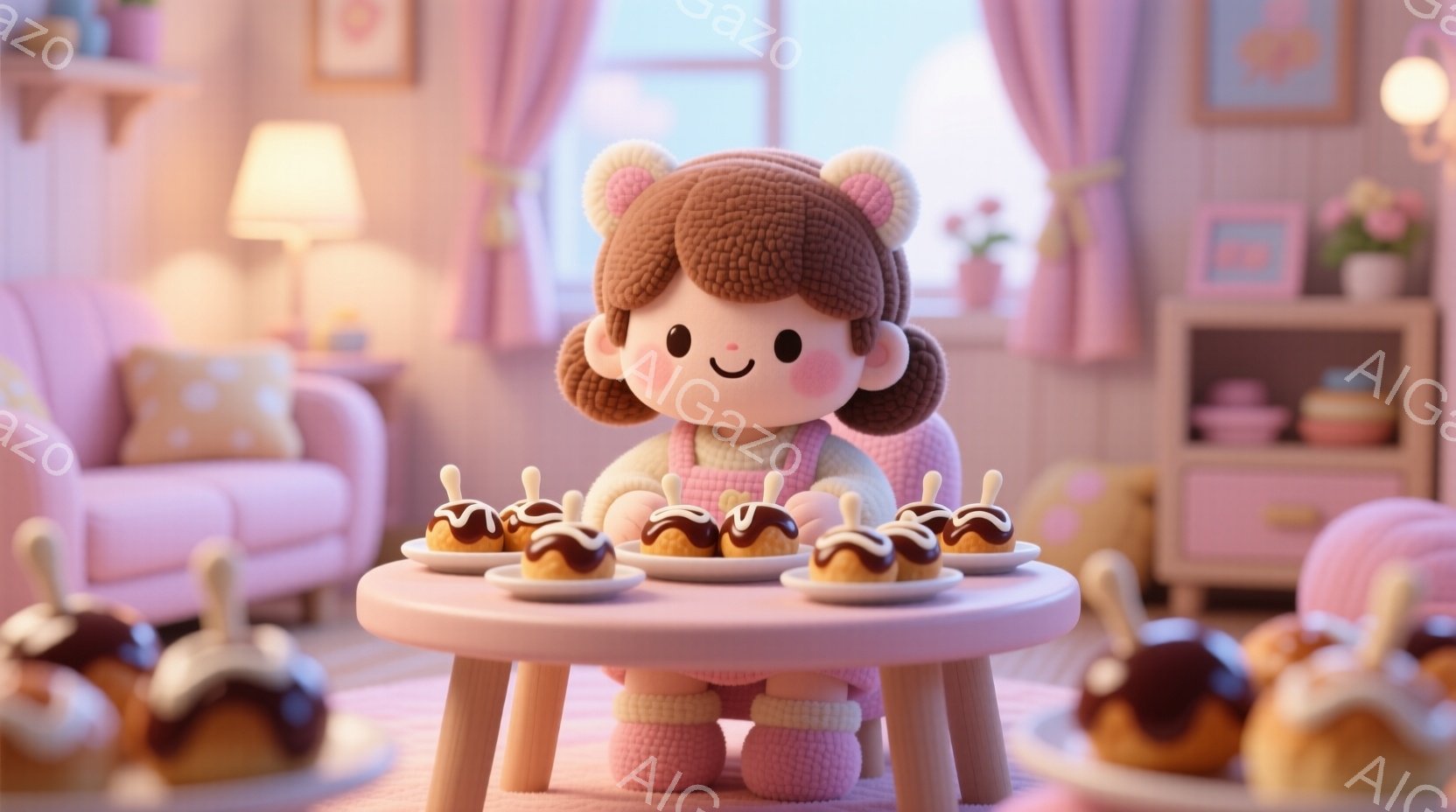 明るいピンク色の部屋で、巻き毛の茶髪にうさぎの耳がついた可愛らしい女の子が、小さな丸いテーブルを囲んで焼き菓子を楽しんでいます。ピンク色のニットのセーターとスカートを身に着け、幸せそうな笑顔を浮かべています。背景には、ソファ、棚、窓からの柔らかい光が見え、全体的に温かく、夢のような雰囲気が漂っています。