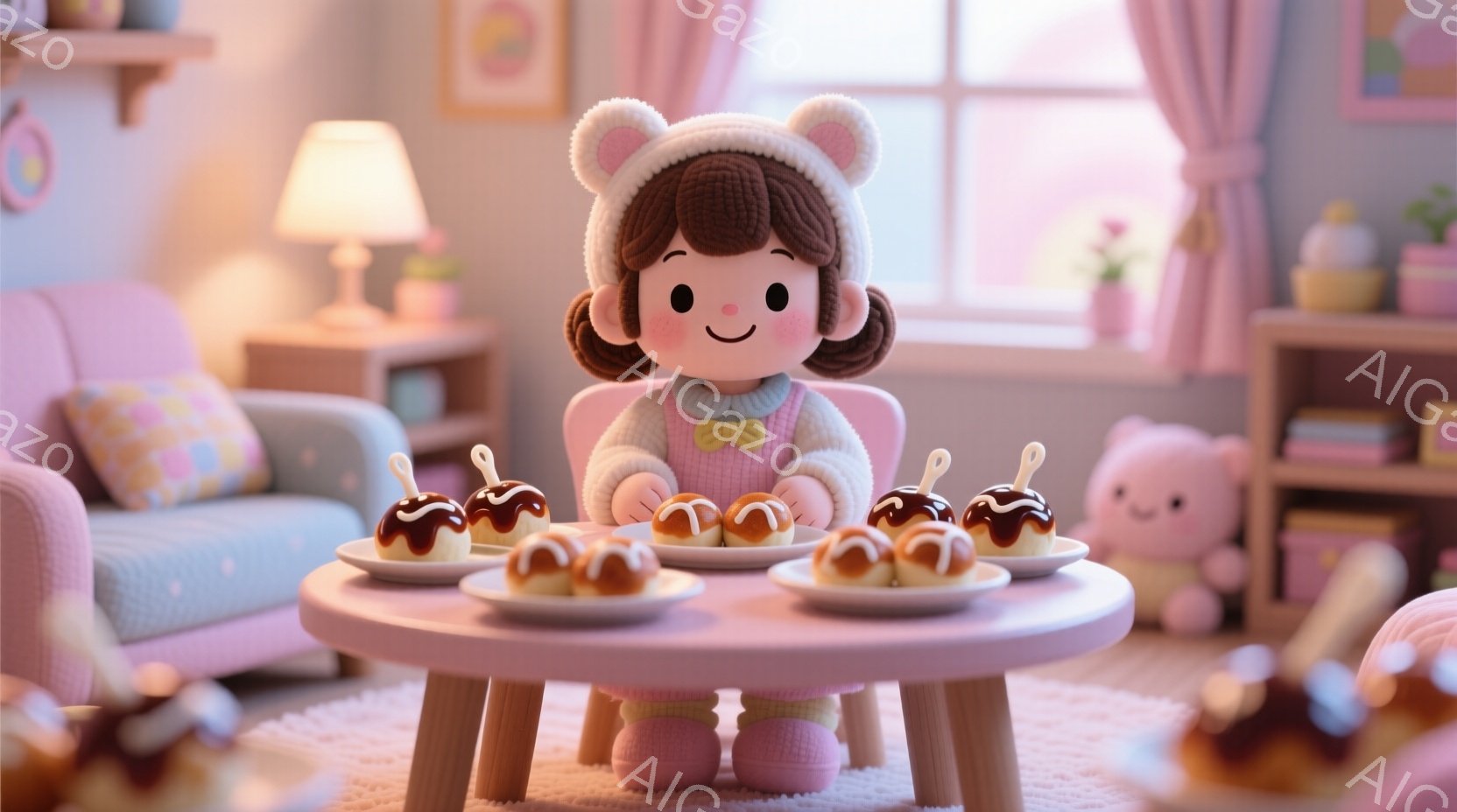 少女はピンク色の部屋で、可愛らしい茶色の巻き毛に、うさぎの耳の帽子をかぶっています。彼女は小さな丸いテーブルを囲み、チョコレートソースがかかったお団子をいくつか並べたお皿を前に、微笑んでいます。背景に - AI生成フリー素材