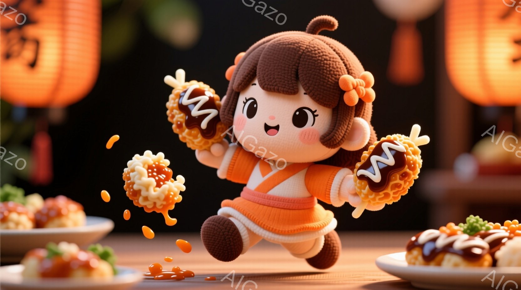 明るいオレンジ色の着物を着た、かわいらしい女の子が飛び跳ねています。彼女は頭に丸いお団子を作り、頬はほんのり赤らんでいます。背景には、オレンジ色の提灯と、様々な種類の美味しそうな料理が並べられており、お祭りや賑やかな雰囲気が漂っています。