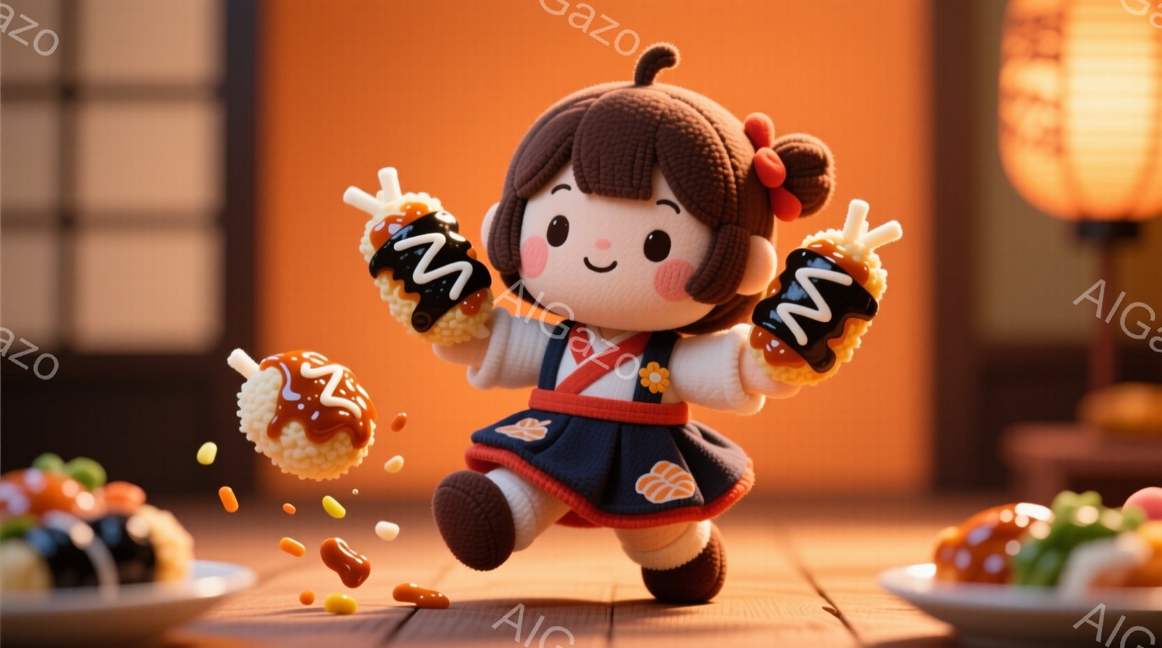 可愛らしい女の子が、お祭りのお菓子を持ちながら走り出しています。紺色の着物と白い帯、そして茶色の髪を結んだお団子ヘアスタイルが特徴的です。背景には、お祝いの料理が並んだ食卓と、ぼんやりとした提灯の光があり、温かく賑やかなお祭りの雰囲気を醸し出しています。