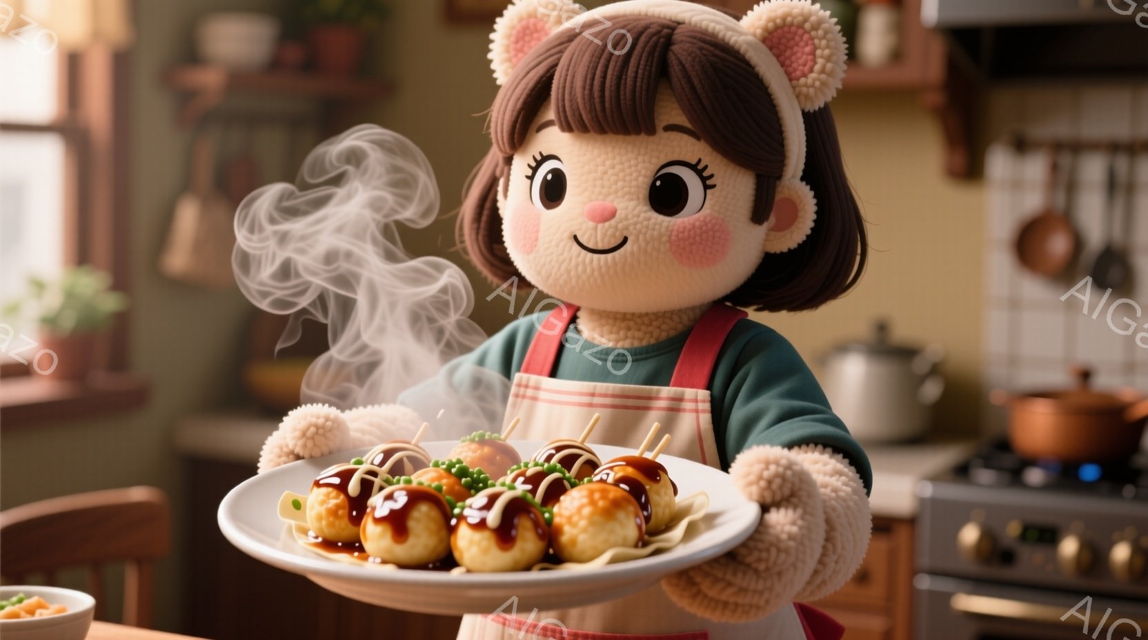 明るいキッチンを背景に、タコ焼きを盛った皿を両手で差し出す女性が描かれています。彼女は短い茶色の髪に耳のような飾りをつけ、赤いほっぺで微笑んでいます。背景には調理器具や植物が置かれ、暖かく家庭的な雰囲気が漂っています。