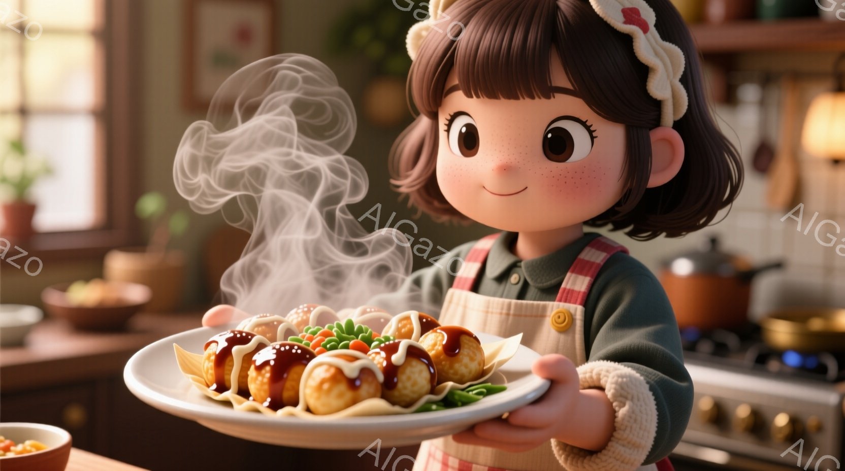 茶髪の巻き毛の少女が、たこ焼きを盛り付けた皿を正面に掲げています。ベージュ色のオーバーオールに薄緑色のセーターを着ており、頭にはリボンが付いたヘアバンドを付けています。背景にはキッチンの一部が見え、暖色系の照明が柔らかい雰囲気を醸し出しています。