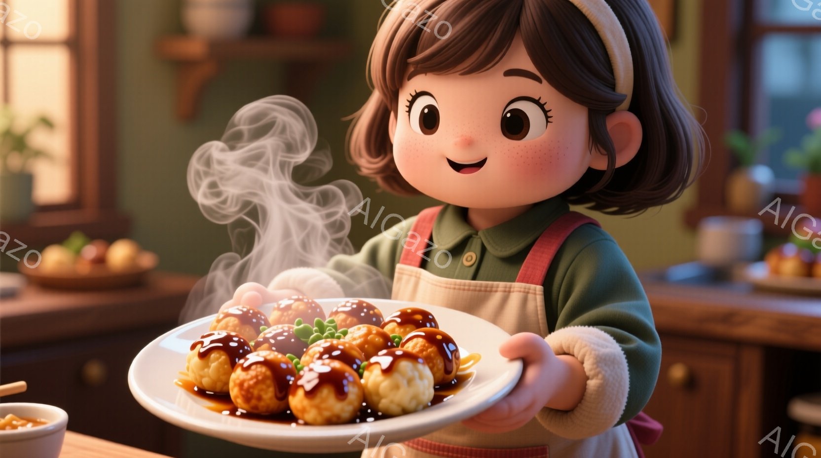 金髪の少女は、エプロンを身につけ、タコ焼きが盛られた湯気立ち上る皿を両手で差し出している。彼女は明るい笑顔で、丸い頬は赤く、髪はボブカットで、頭には飾りをつけている。背景には木製のキッチンカウンター、 - AI生成フリー素材