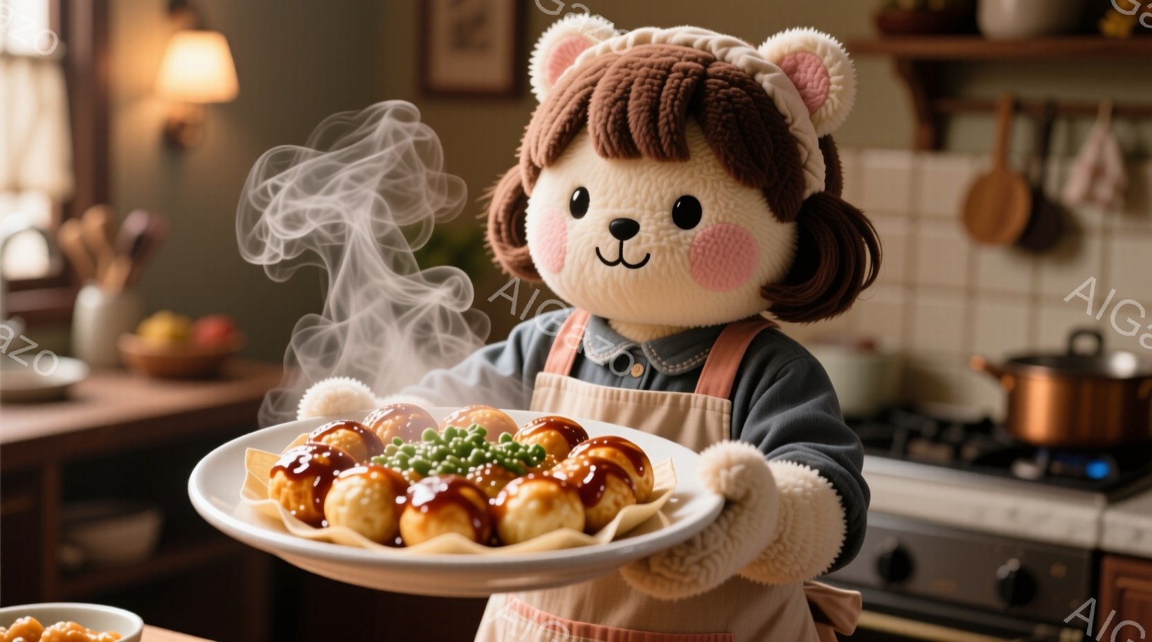 ぬいぐるみのような女性が、熱々のたこ焼きを載せた白い皿を両手で正面に向けて持っています。彼女は茶色の巻き毛の髪型で、ベージュ色のエプロンと水色のセーターを着ており、優しい笑顔を浮かべています。背景には - AI生成フリー素材