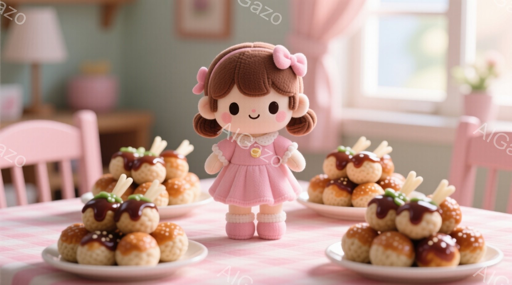 ピンク色のチェック柄のテーブルの上に、可愛らしい女の子の人形が立っています。彼女はピンク色のドレスを着ており、茶色のカールした髪にリボンをつけています。背景には窓と植物が見え、全体的に温かく、甘い雰囲 - AI生成フリー素材