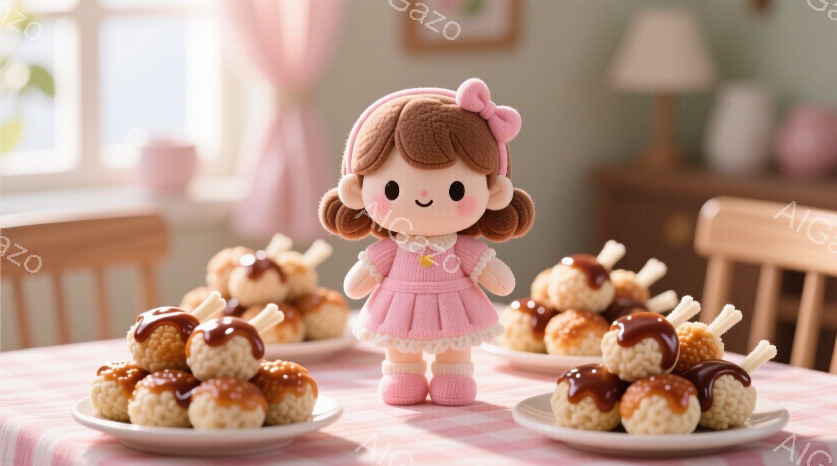 明るいピンク色のテーブルの上に、クリームたっぷりのシュークリームが並べられています。中央には、薄いピンク色のワンピースを着た、茶色の巻き髪の女の子の人形が立っており、つぶらな瞳でこちらを見つめています。背景には木製の椅子や、花柄の壁紙が見え、温かく優しい雰囲気を醸し出しています。
