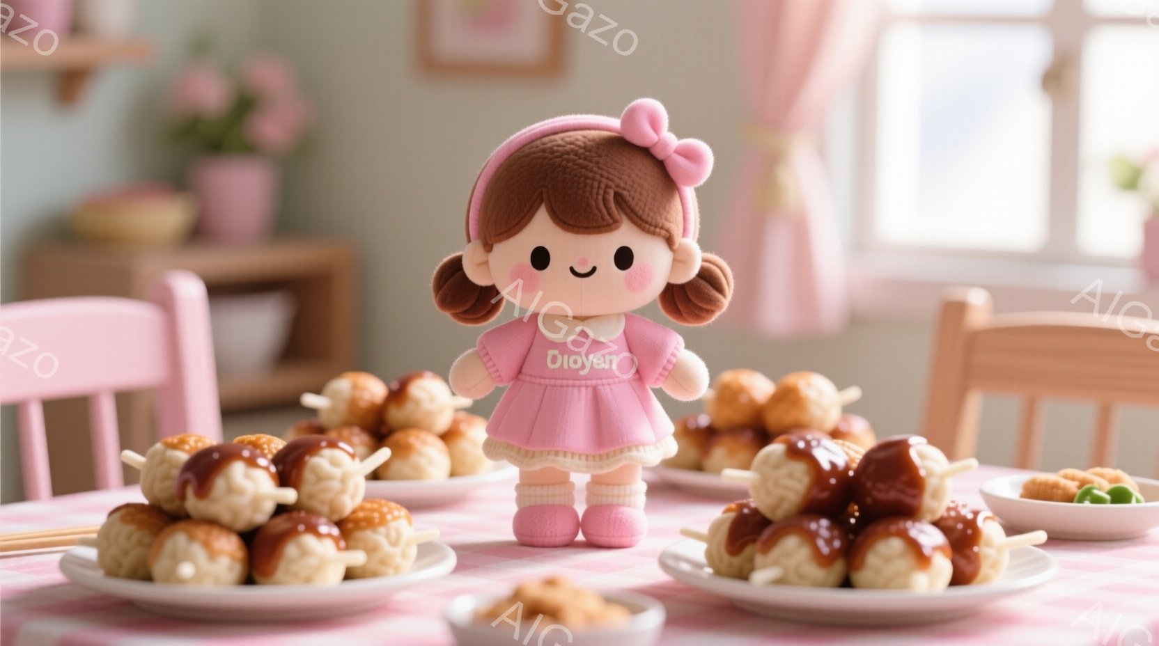 ピンク色のテーブルの上に、可愛らしい人形が立っています。人形はピンク色のワンピースを着ており、茶色の髪はリボンで結ばれています。周りには、ソースがかかった団子（だんご）が盛られたお皿が並び、暖かく、甘い雰囲気が漂っています。
