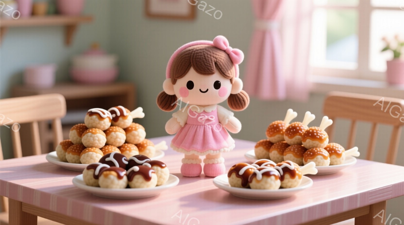 可愛らしい女の子の人形が、ピンク色のテーブルの上に座っています。ピンク色のワンピースと白いソックス、そしてピンク色の靴を履いており、茶色の髪は両側に結ばれています。テーブルの上には、タコ焼きが盛られたお皿がいくつか置かれており、背景には木製の棚と窓が見えます。