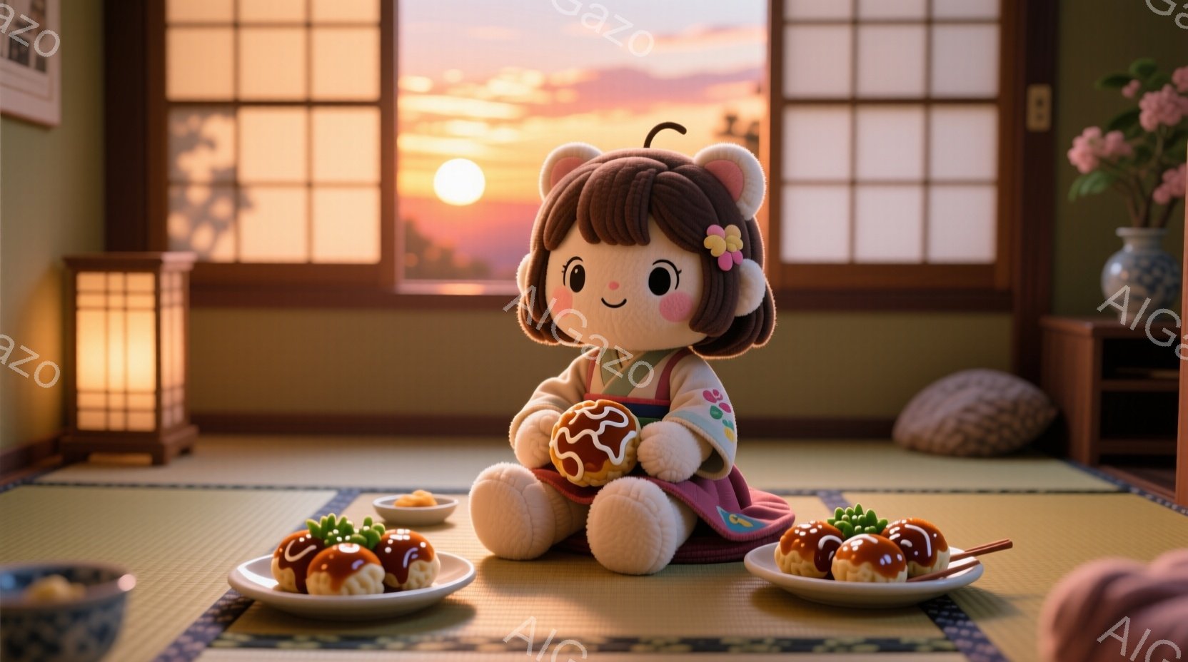 ぬいぐるみのような少女が畳の上に座っており、明るい色の着物と髪飾りをつけています。彼女は幸せそうな表情で、手に団子を持っています。背景には夕焼けが見える障子窓と、花が飾られた花瓶があり、暖かく穏やかな雰囲気が漂っています。