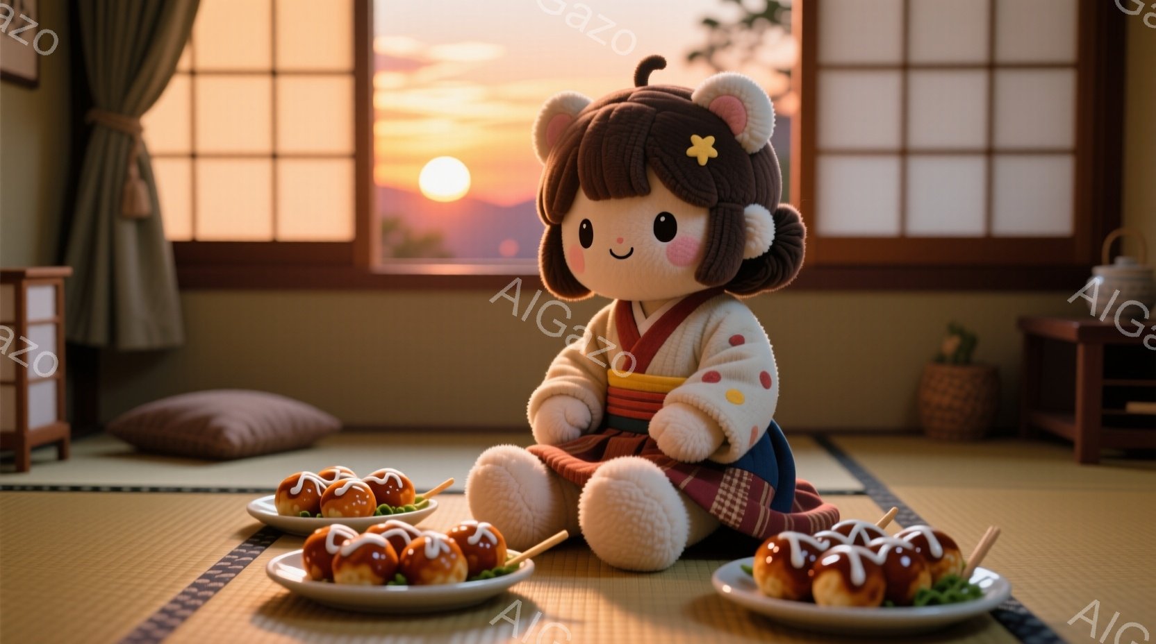 畳の上に座っているのは、可愛らしい女性の人形です。彼女は鮮やかな藍色の着物と赤い帯を身につけ、頭には花の髪飾りをつけています。背景には夕焼け空と山々が見え、温かく穏やかな雰囲気を醸し出しています。 - AI生成フリー素材