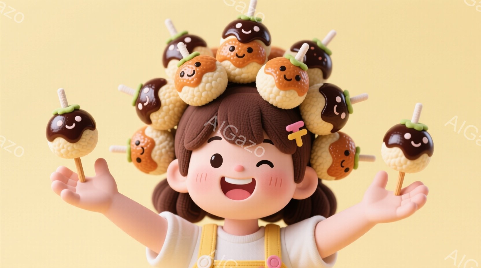 茶色い巻き毛に黄色いオーバーオールを着た少女が、頭の上にたくさんの可愛らしいイチゴチョコレートを乗せて、両手を広げて喜んでいます。彼女の表情はとても明るく、丸い頬と大きな瞳が特徴的です。背景は淡い黄色で、全体的に温かく、楽しい雰囲気が漂っています。