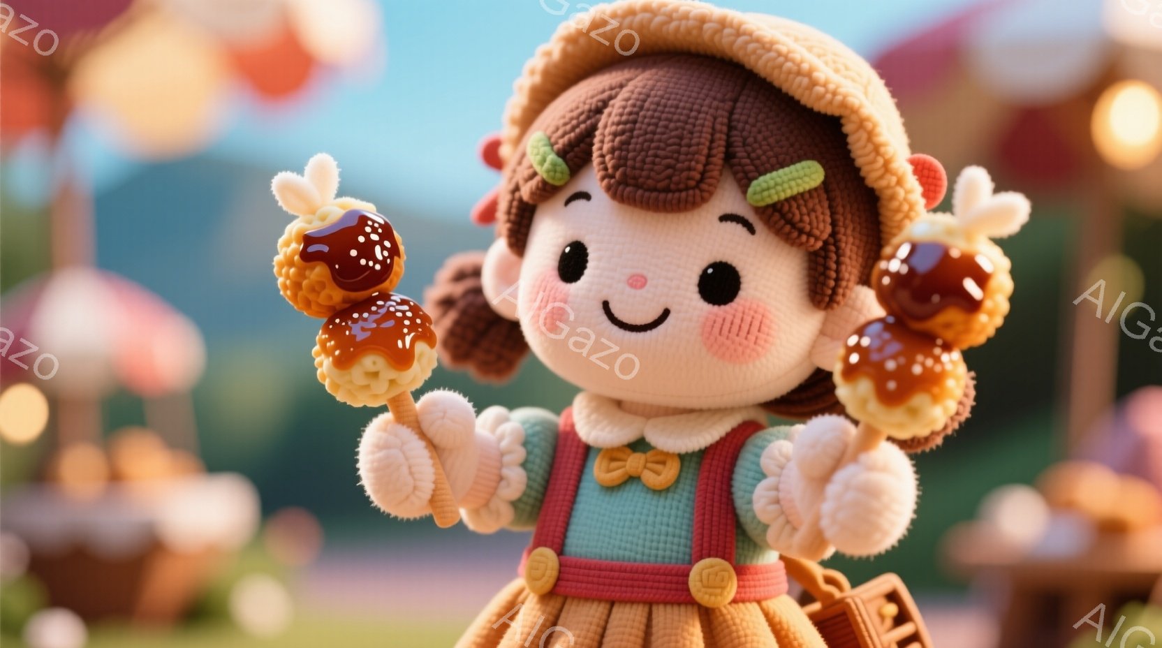 明るい色調の画像には、編みぐるみ風の女の子が描かれています。彼女は麦わら帽子とサスペンダー付きのドレスを着ており、両手にキャンディーを握っています。背景には、ぼやけた建物と緑豊かな植物があり、暖かい夏の日のような雰囲気です。