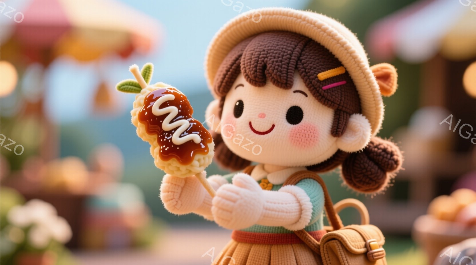 可愛らしい人形が、串に刺さった甘いお団子を手に持っています。人形は緑のセーターと茶色のスカート、そして麦わら帽子を身につけ、明るい笑顔を浮かべています。背景には、市場のような賑やかな雰囲気があり、様々な商品が並べられています。