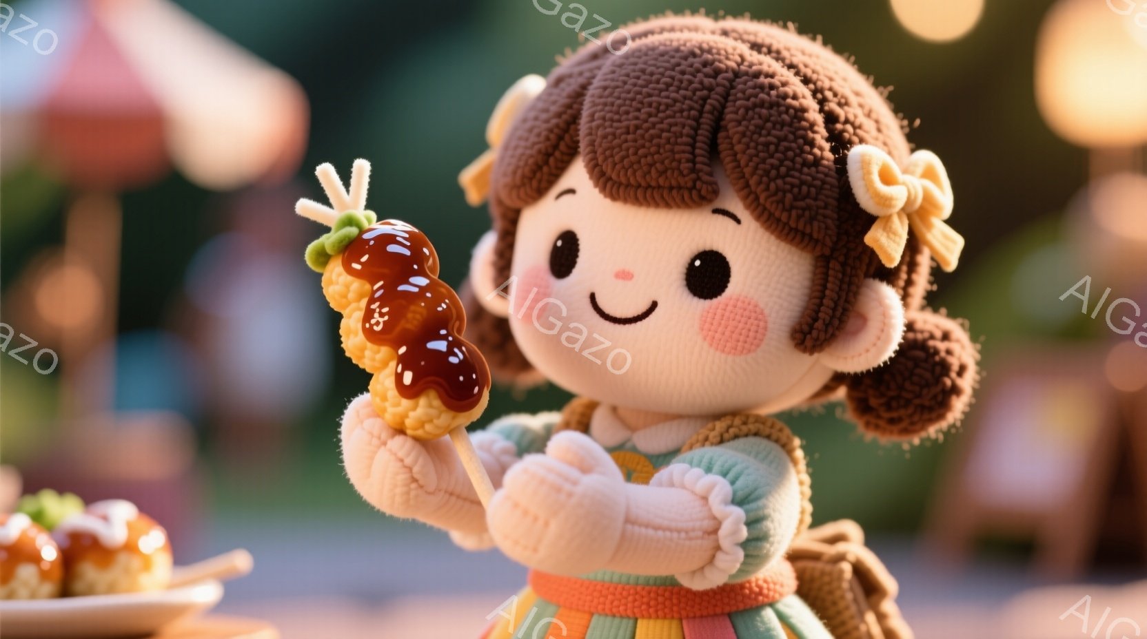 可愛らしい人形が、串に刺された蜜がけ団子を持っています。人形は緑色の長袖シャツと、赤、黄色、緑のストライプのスカートを着ており、茶色の巻き毛の髪を左右に分けて結んでいます。背景には、ぼやけた建物と植物が見え、全体的に温かく、ノスタルジックな雰囲気です。