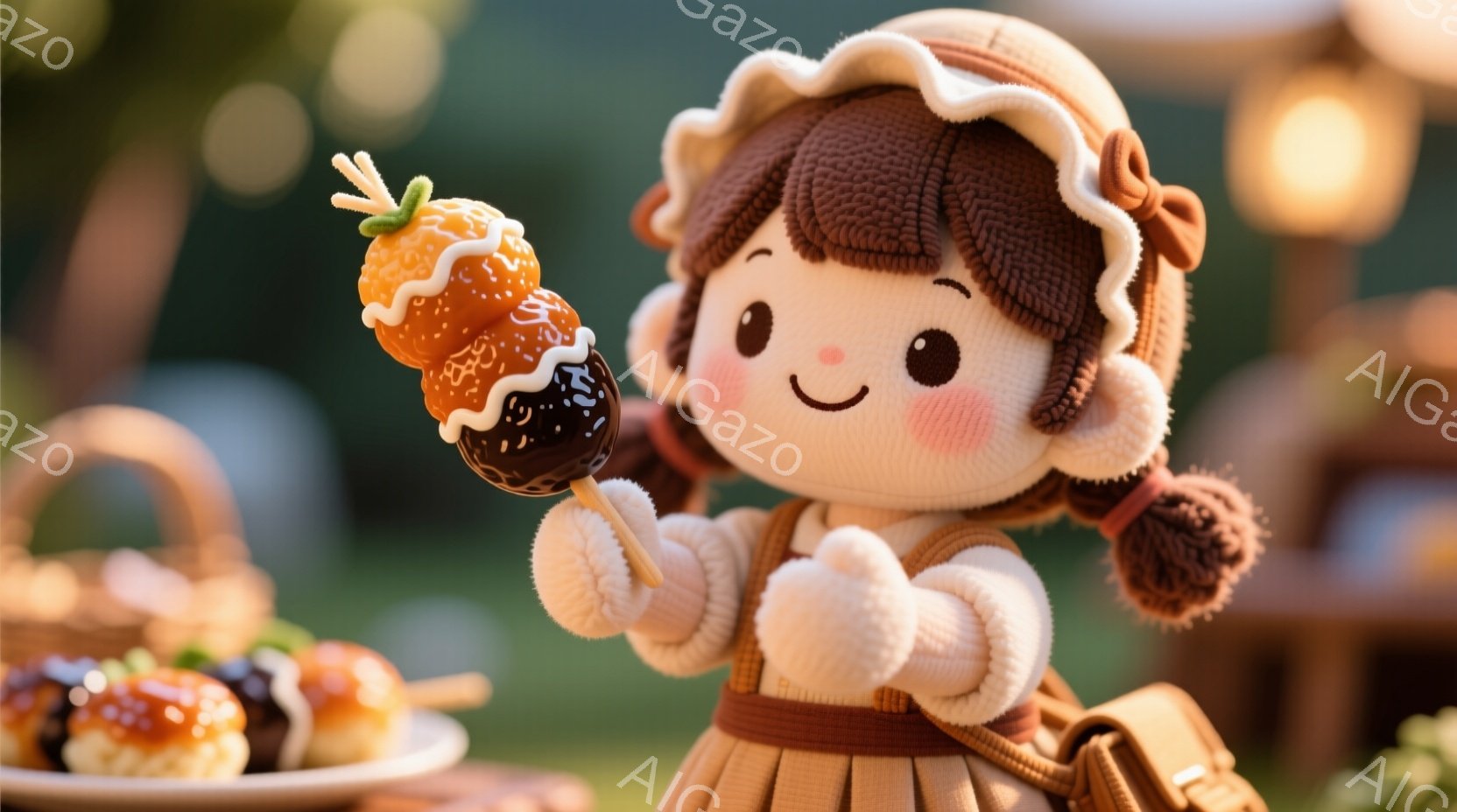 茶色の巻き毛の髪に大きなリボンをつけた、可愛らしい人形が描かれています。人形はクリーム色のワンピースと茶色のエプロンを着ており、片手にチョコレートでコーティングされたフルーツ串を持っています。背景には、チョコレートが並んだお皿、籐のカゴ、そして緑豊かな自然が見え、温かく穏やかな雰囲気が漂っています。