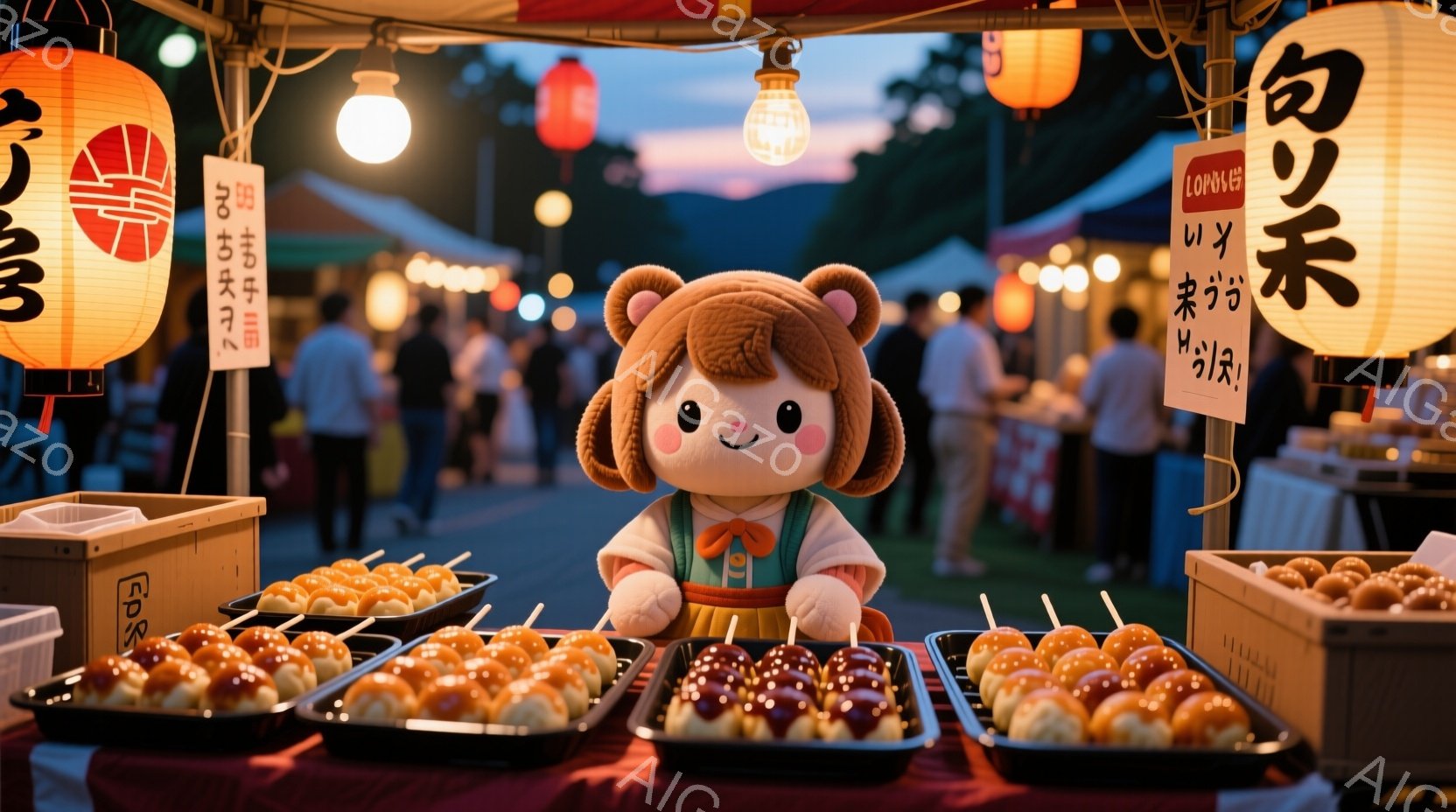 屋台が並ぶ祭りの様子が写っています。中央には、可愛らしい着物を着たキャラクターが立っており、笑顔でこちらを見ています。背景には、提灯が灯り、人々が楽しんでいる様子がぼんやりと見え、暖かい夏の夜の雰囲気が伝わってきます。