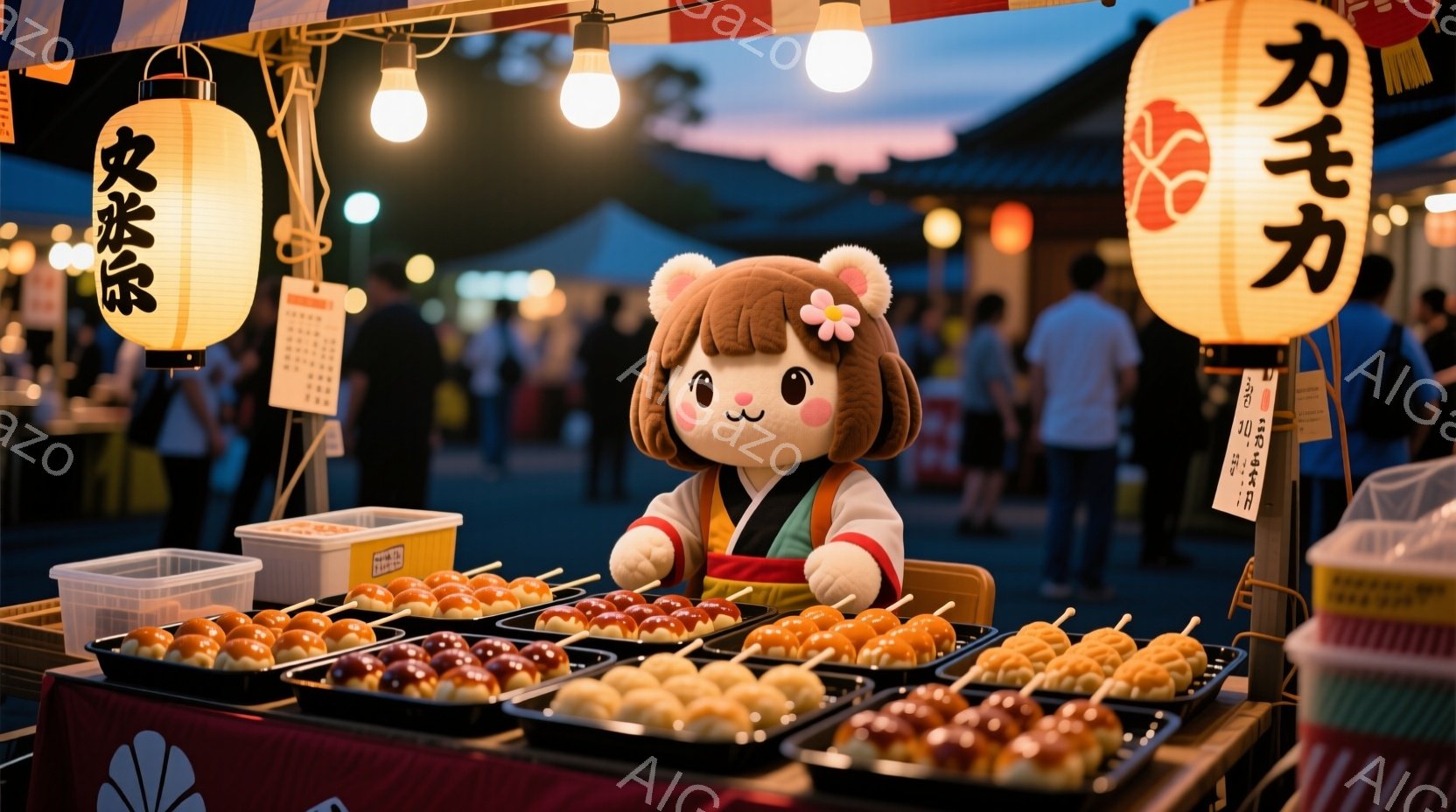 屋台の前に可愛らしい人形が立っており、団子を串に刺したものがたくさん並んでいます。人形は緑色の帯に赤い着物を着ており、茶色の髪には花飾りをつけています。背景には提灯が灯り、賑やかな屋台の雰囲気が伝わってきます。