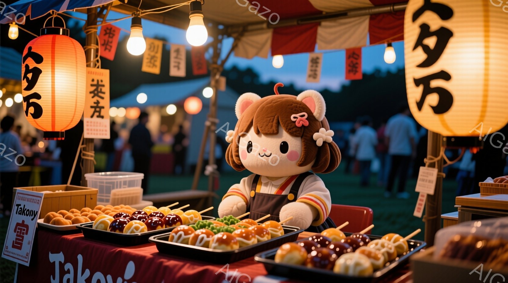 画像は屋台が並ぶお祭りの様子で、たこ焼きを売る屋台が中心に描かれています。可愛らしいキャラクターが着用した制服は、赤いリボンとフリルが特徴的で、笑顔でたこ焼きを前に差し出しています。背景には提灯が灯り、多くの人が歩いている様子が見え、賑やかで活気のある祭りの雰囲気が伝わってきます。