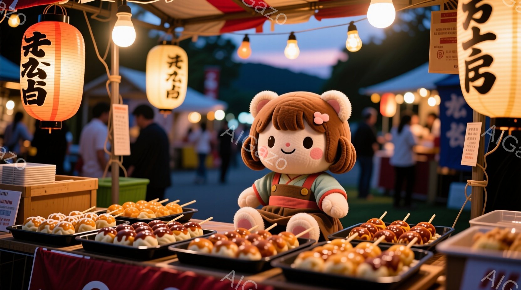 屋台には、団子を串に刺したものがたくさん並べられています。可愛らしい人形が、緑色の着物と赤いリボンで飾られた髪で、笑顔で座っています。背景には、提灯が灯り、多くの人々が賑やかに歩き回る、お祭りの活気ある夜の様子が広がっています。