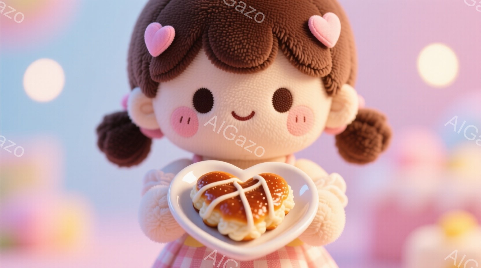 明るいピンク色の背景に、茶色の巻き毛の少女が映っています。彼女はピンク色のギンガムチェックのワンピースを着ており、両手で白いハート型の皿に載った焼き菓子（おそらくシナモンロール）を抱えています。背景にはぼやけた花や水玉模様があり、全体的に甘くて可愛らしい雰囲気を醸し出しています。