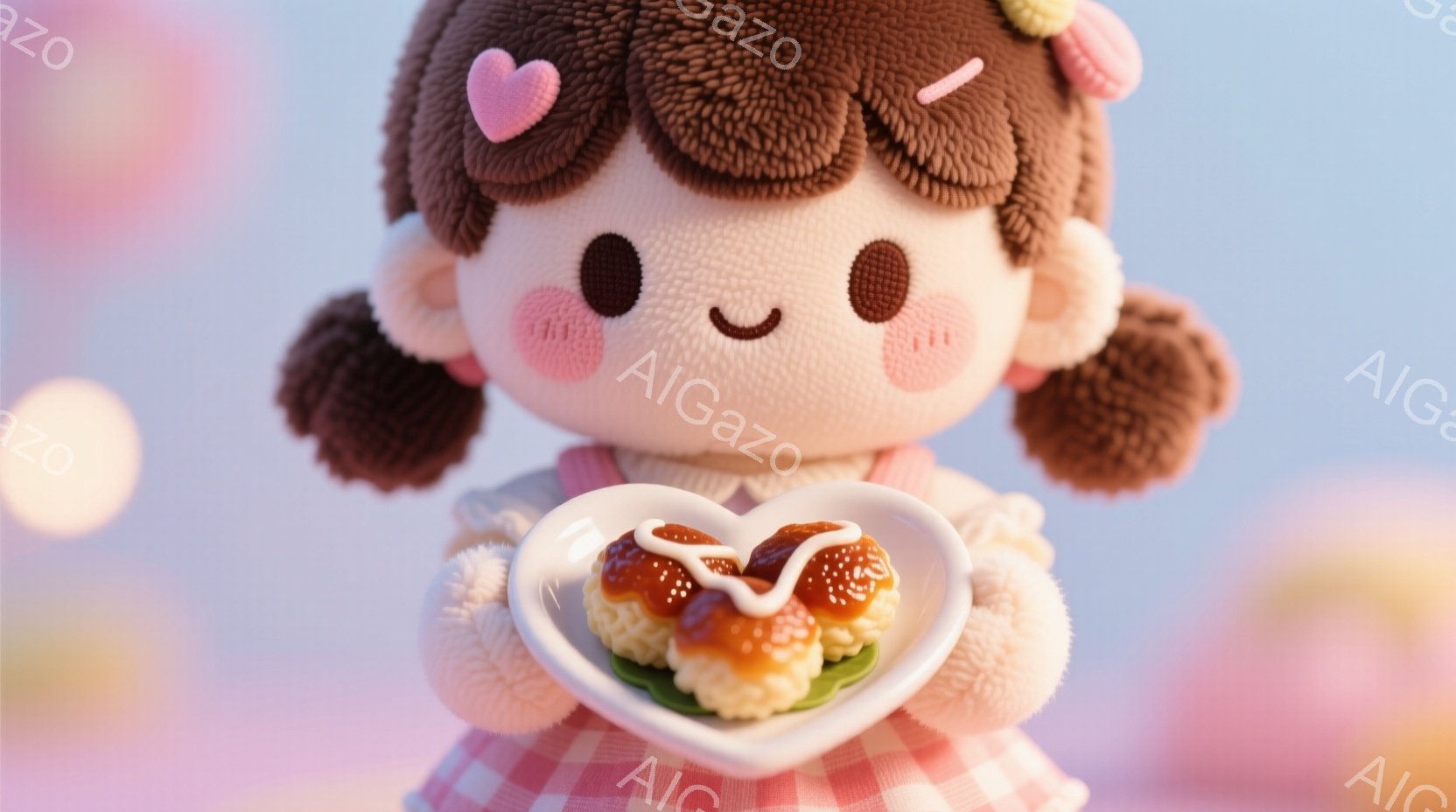 明るいピンクと白のギンガムチェックのエプロンを着た、茶色の巻き毛の少女がいます。彼女は両手でハート型の皿を持っており、その中には彩り豊かなパスタ料理が盛られています。背景はぼやけたピンクと白の光のぼかしで、全体的に柔らかく、可愛らしい雰囲気を醸し出しています。