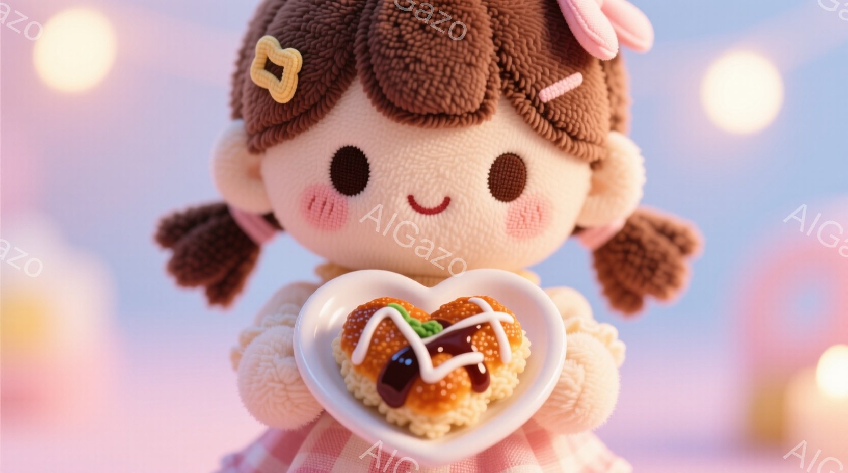 明るいピンク色のドレスを着た、茶色の巻き毛の少女が描かれています。彼女は両手でハート型の皿に載った、鮮やかな赤いジャムが塗られたお菓子を抱えています。背景には、パステルカラーの建物とぼんやりとした光が - AI生成フリー素材